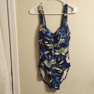 Beach Bay One Piece Floral Swimsuit/Bathing Suit Blue & Yellow Tropical Print 10